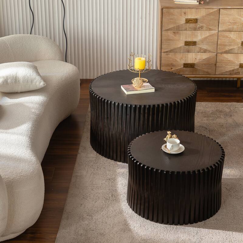 Fashion Style Nesting Coffee Table Set with Vertical Textured Embossed Design for Living Room, Office and Dining Room(Set of 2)