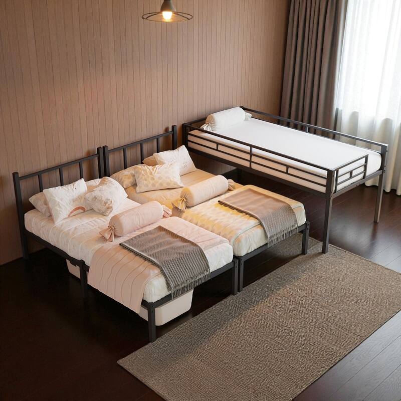 Metal Twin Over Twin Over Twin Triple Bunk Bed with Safety Guardrails, Ladder, Convertible 3 Beds, Heavy-Duty Frame