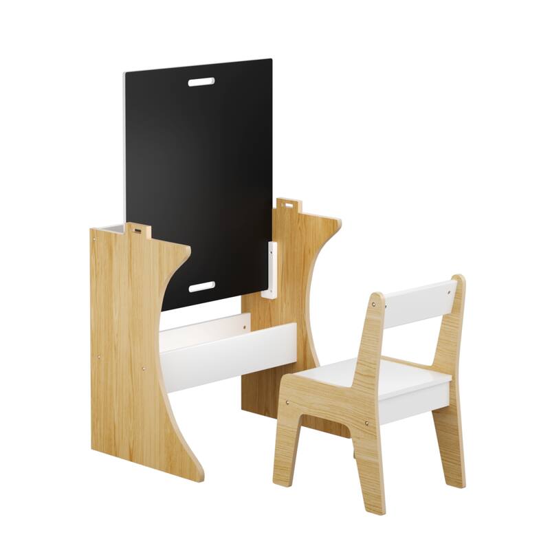Kids Flip-Top Study Desk & Chair Set with Chalkboard White & Natural Wood MDF/Eco-Wood - 23.62" x 19.68" x 22.04"
