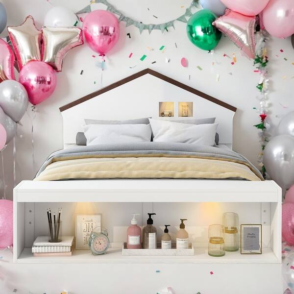 slide 2 of 12, 聽Full Size House Platform Bed with LED Lights and Storage White