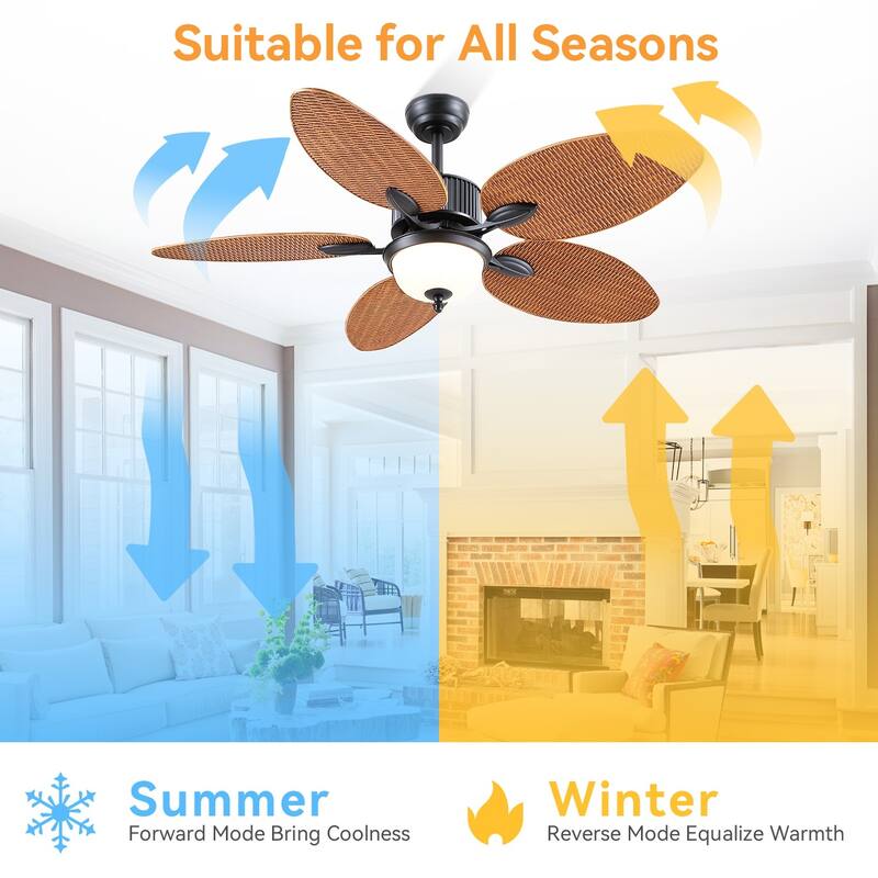 50 Inch Tropical Ceiling Fan with Palm Leaf Blades Glass Cover Remote Control Waterproof for Indoor and Outdoor Patio