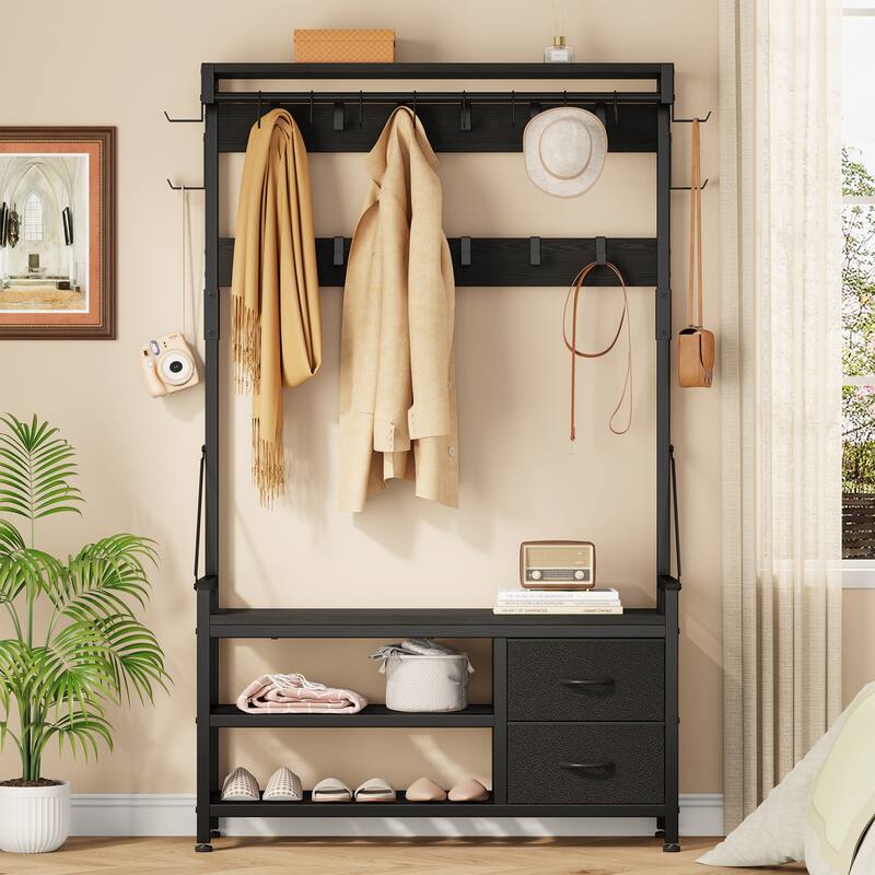 6-in-1 39.4"Hall Tree with Bench Entryway Shoe Rack w/24 Hooks & 2 Drawers