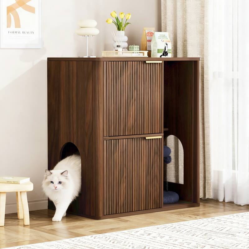 31.5" Walnut Cat Litter Cabinet with Cat Tree, Grooved Concealed Litter Furniture Featuring Dual Cat Doors and Storage Shelves