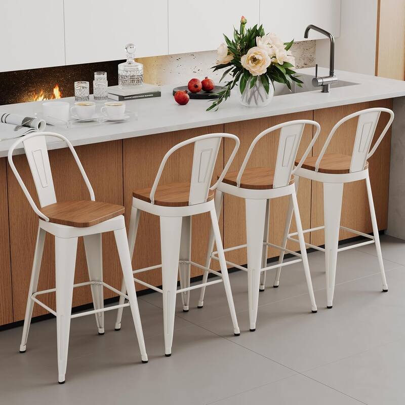 Swivel Counter Stools with Metal Frame Farmhouse Counter Chairs with High Back 24" Kitchen Bar Furniture Stools with Wooden Seat