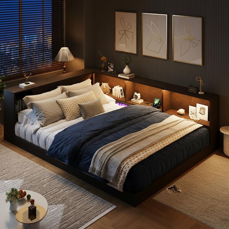 Queen L-Shape Storage Daybed with LED Shelf, Hidden Slide Cabinet & Built-In USB Power Hub by Harper&Bright Designs