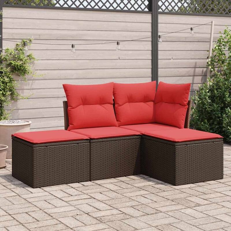 vidaXL 4/5 Piece Patio Sofa Set with Cushions Black/Brown/Gray Poly Rattan - 24.4 x 24.4 x 27.2 - Brown and red Without table