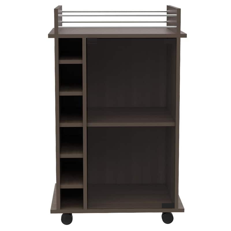Carbon Espresso Bar Cart with Glass Door, Metal Rail, Two Shelves & Locking Casters