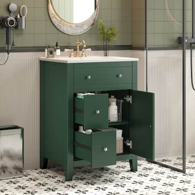 24" Bathroom Vanity with Ceramic Basin, 2 Drawers, Soft-Closing Door