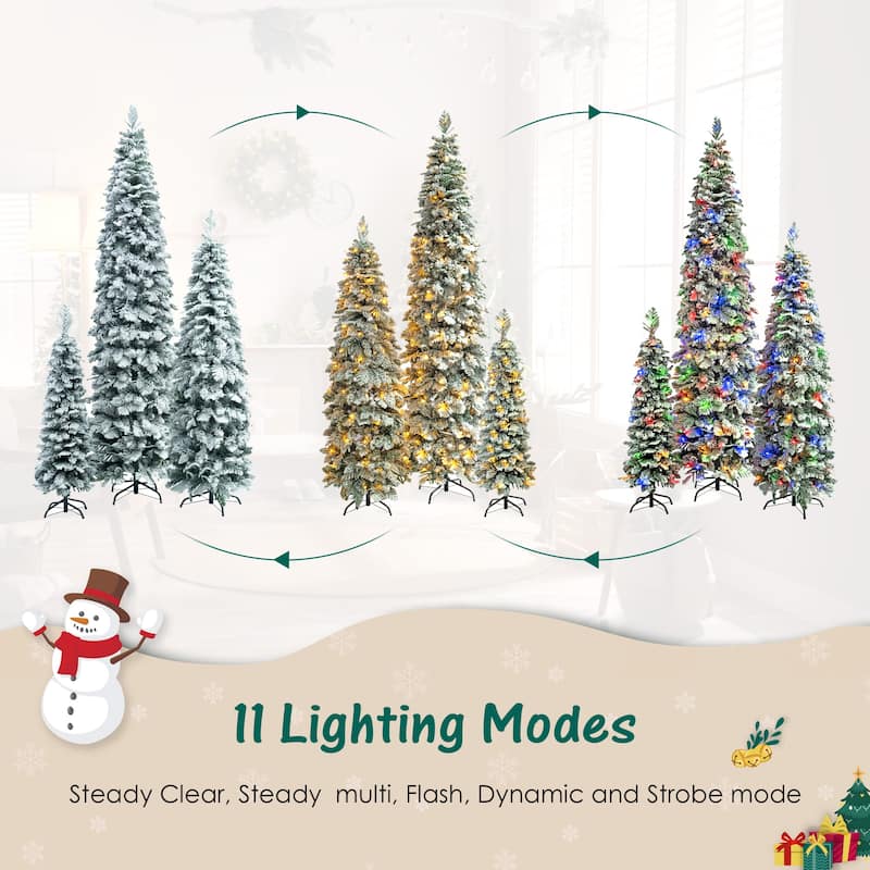 8FT, 6FT, 4FT Pre-Lit Pencil Christmas Trees, Set of 3 Flocked Fir Slim Christmas Trees, 290 LED Lights with 11 Lighting Modes