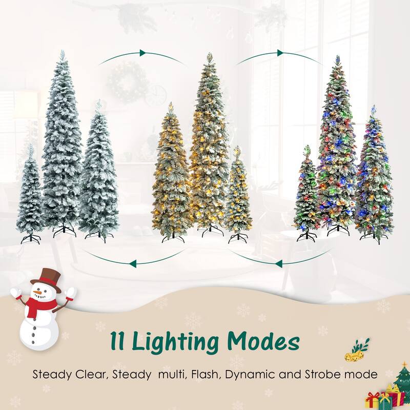 Set of 3 Pre-Lit Pencil Christmas Trees 4ft 6ft 8ft, Flocked Slim Fir, 290 LED Lights, 11 Modes