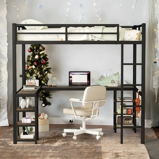 Full Metal Loft Bed with Desk and Shelves, L-Shaped Frame with Guardrails in Black