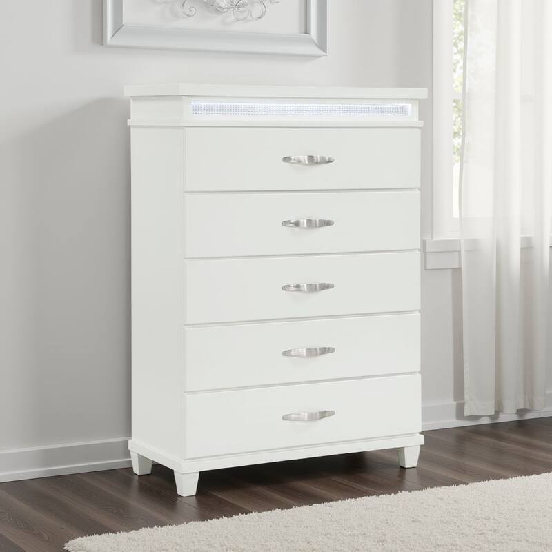 Jisy Tall Dresser Chest, 5 Drawer Chrome Bar Handles, LED Lit, White