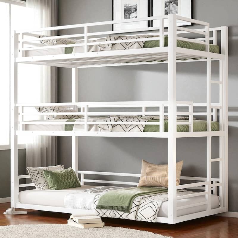 Metal Triple Bunk Bed Twin/Full/Twin XL/Queen with Safety Guardrails, Noise-Free Slats, Heavy Duty Frame