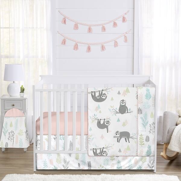slide 2 of 6, Sweet Jojo Designs Pink Grey Jungle Sloth Leaf Girl 4pc Nursery Crib Bedding Set - Blush Turquoise Green Tropical Rainforest