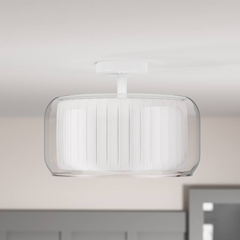 Modern 3-Light Semi Flush Mount Glass Ceiling Light with White Fabric Linen Drum Shade - White