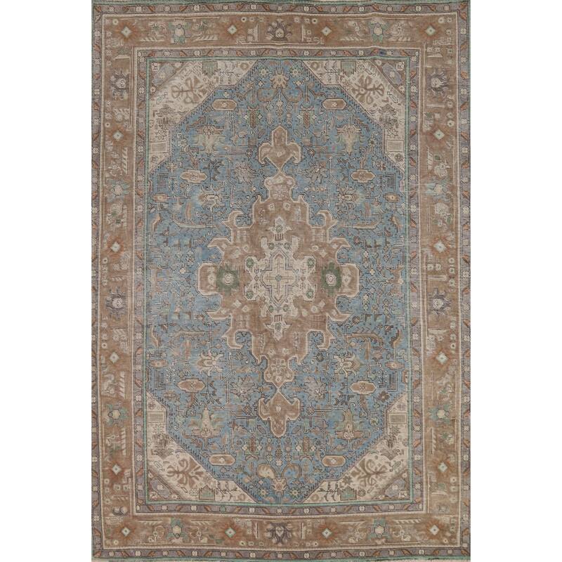 Geometric Blue Tabriz Persian Area Rug Oriental Handmade Wool Carpet - 6'5"x 9'5"