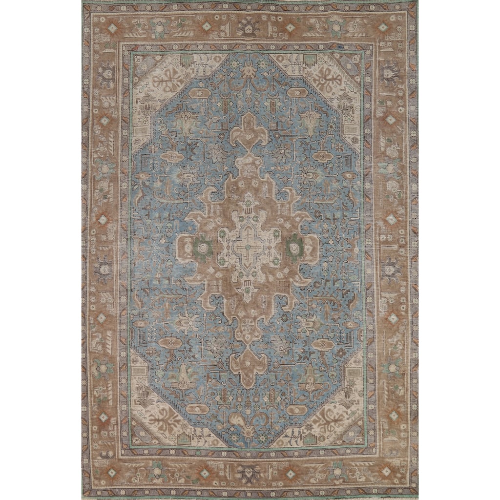 Geometric Blue Tabriz Persian Area Rug Oriental Handmade Wool Carpet - 6'5"x 9'5"