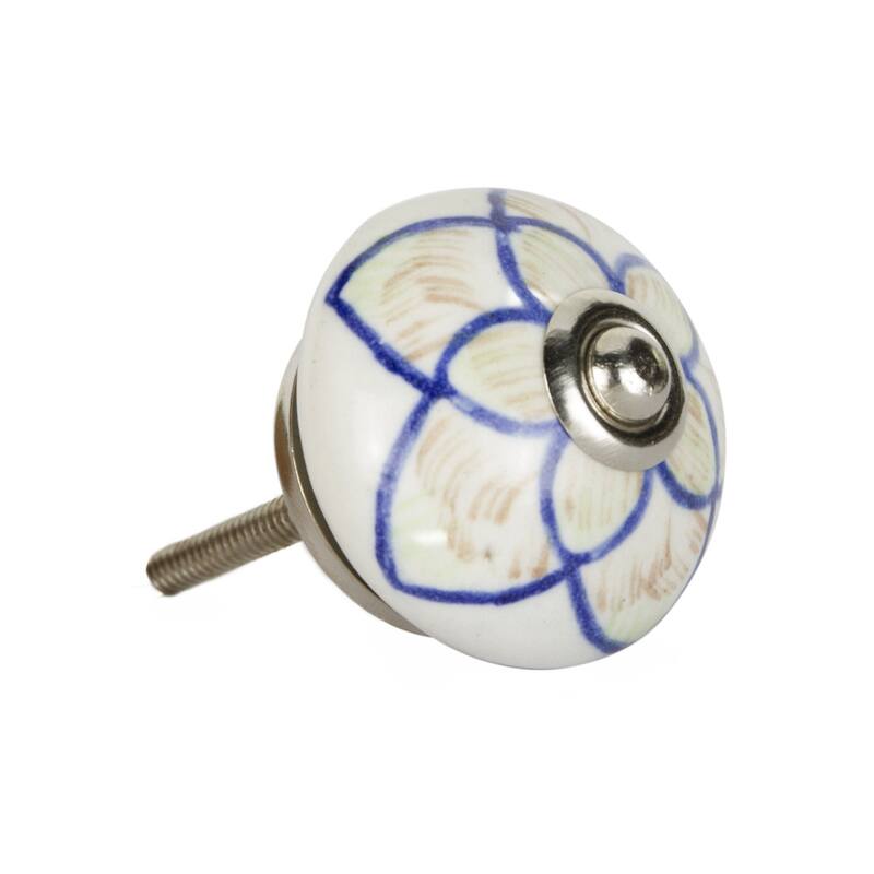 Set of 8 Blue Cream Ceramic Cabinet Knobs with Silver Finish Floral Drawer Pulls for Dresser - 1.5” x 1.5” x 1.5”