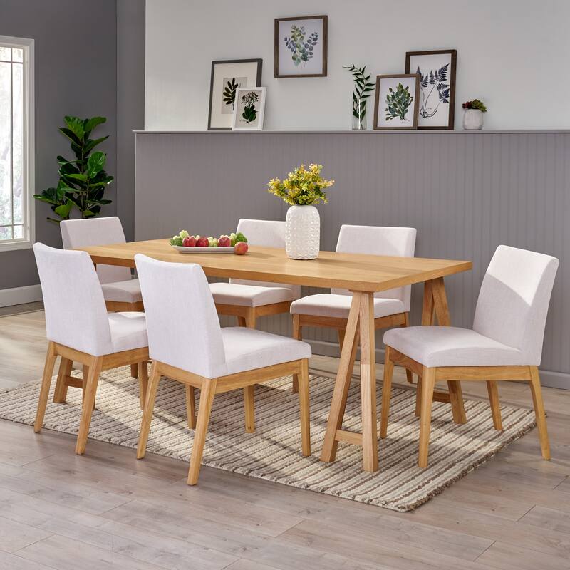 Kwame Mid-Century Modern 7 Piece Dining Set by Christopher Knight Home - Natural Oak + Light Beige