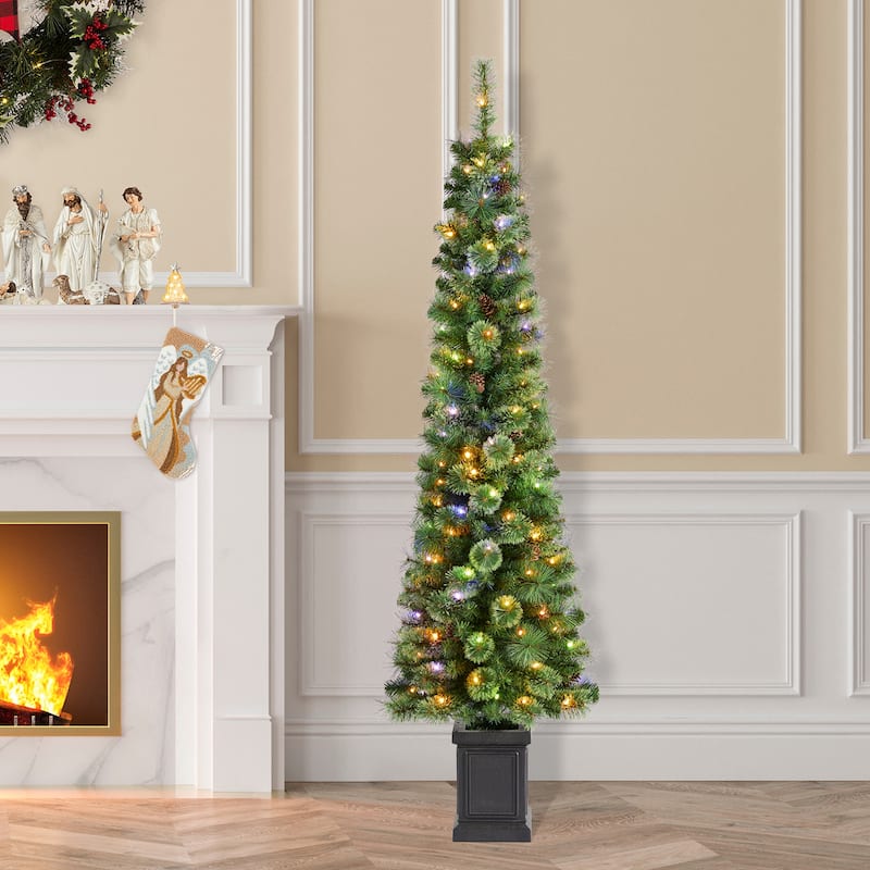 Glitzhome 5ft/6ft/7ft Pre-Lit Green Pine Christmas Potted Porch Tree with LED Lights and Remote Control - 1 Piece-6FT