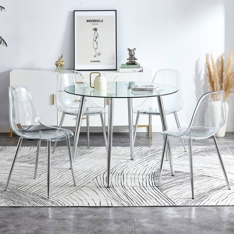 5-Piece Dining Table Set.A 38.6" Transparent Tempered Glass Round Dining Table with 4 Transparent Plastic Dining Chair