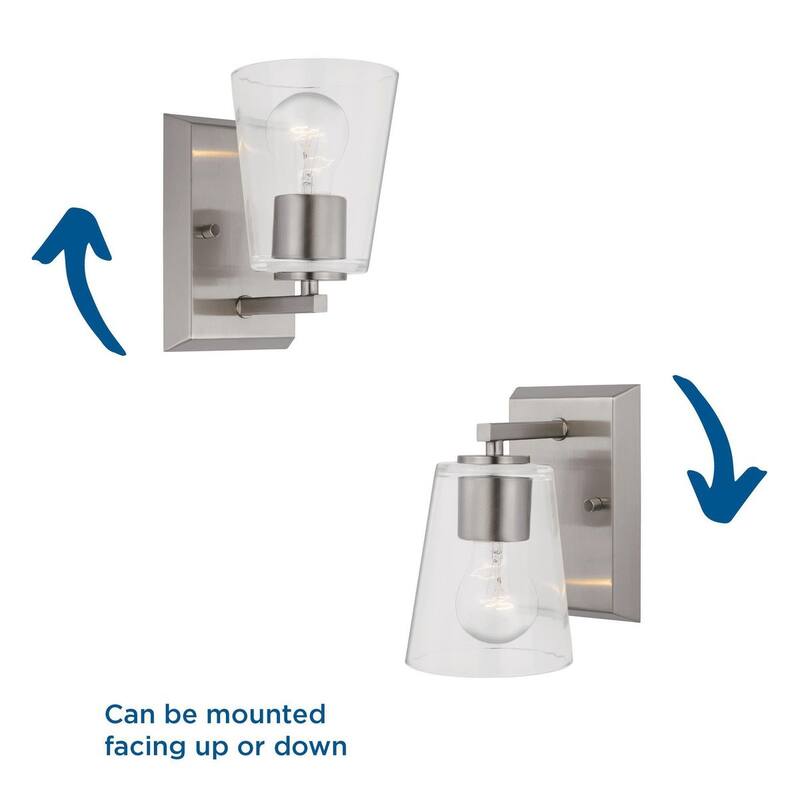 Vertex Collection One-Light Brushed Nickel Clear Glass Contemporary Bath Light - 4.75 in x 6.25 in x 7.5 in