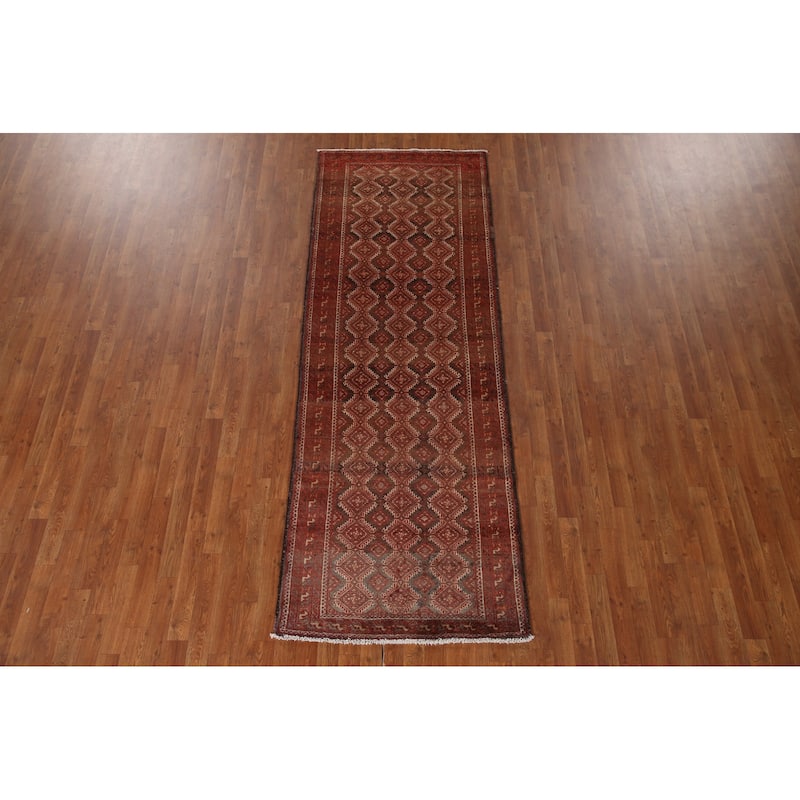 Geometric Balouch Persian Vintage Runner Rug Handmade Wool Carpet - 3'3"x 9'5"