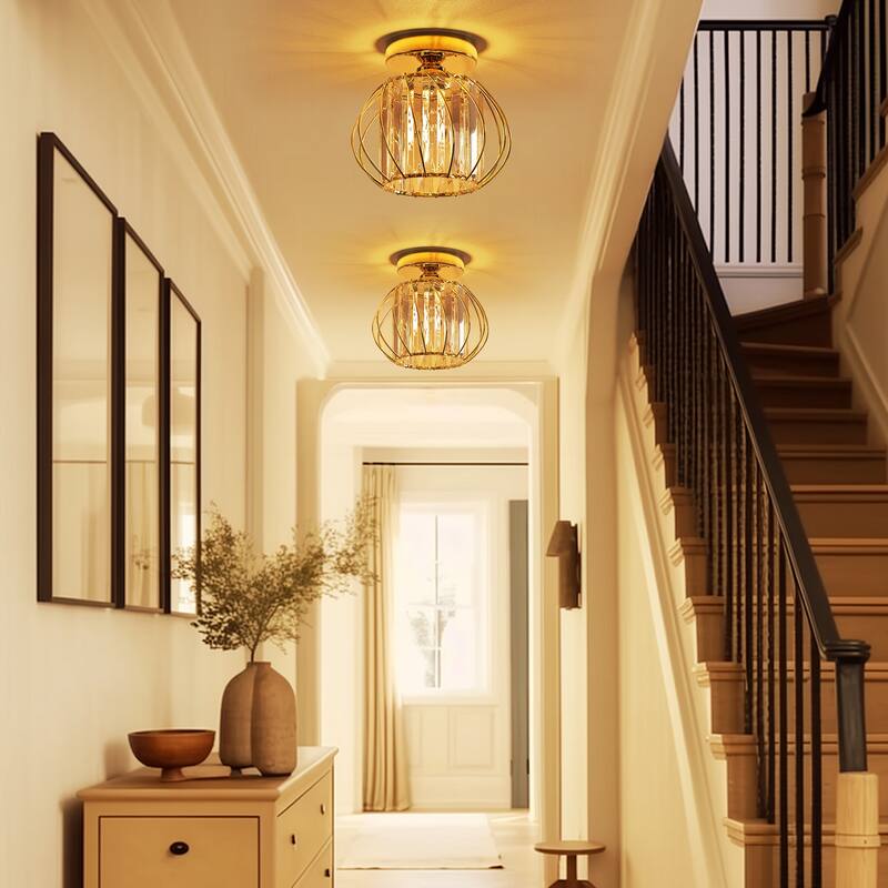YANSUN Single-Head Gold Semi-Flush Mount Light with Crystal Shade for Elegant Spaces - 7.1*7.1*6.7