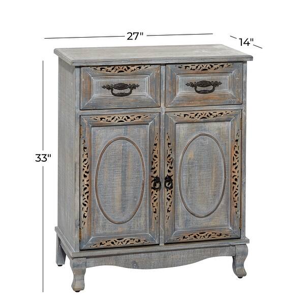 dimension image slide 1 of 2, Gray Wood Intricately Carved Vintage Cabinet