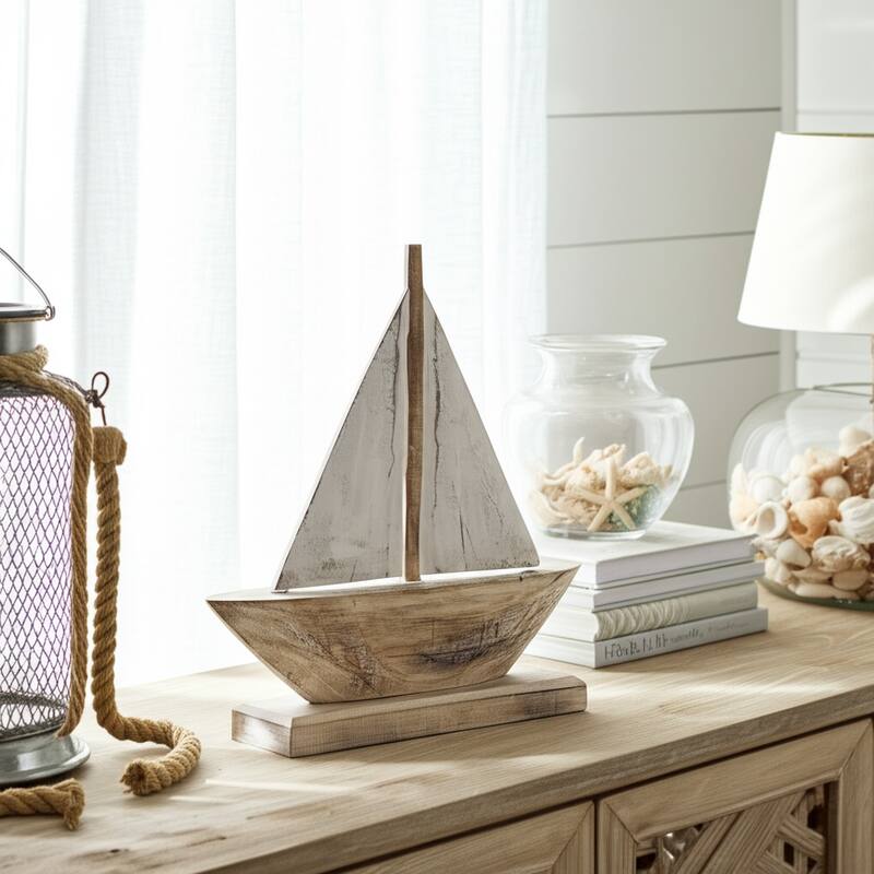 Albasia Wood Decorative Object Sailboat Handcrafted Nautical Accent