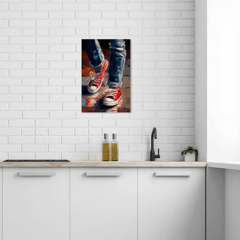 Wynwood Studio Fashion and Glam Red Street Shoes and Jeans Red and Modern & Contemporary Wall Art Canvas Print - 24 x 16