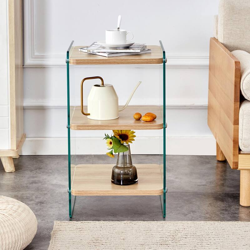 3-Tier Glass Bedside Table, Modern Nightstand with Storage - Natural