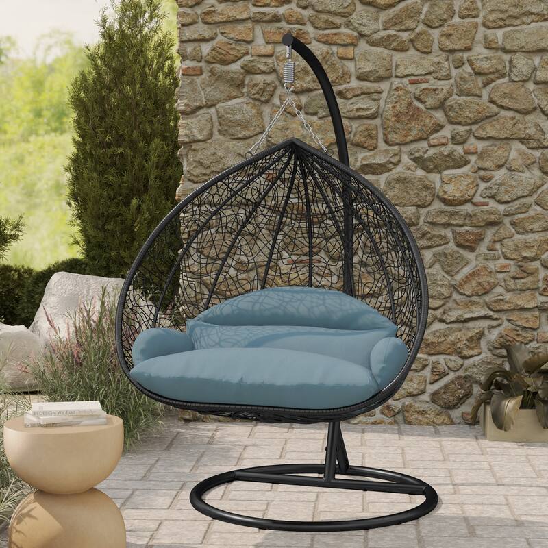 2-Person Outdoor Hanging Egg Chair with Teardrop Frame, Weather-Resistant Cotton Cushioned Seat for Patio and Indoor Use