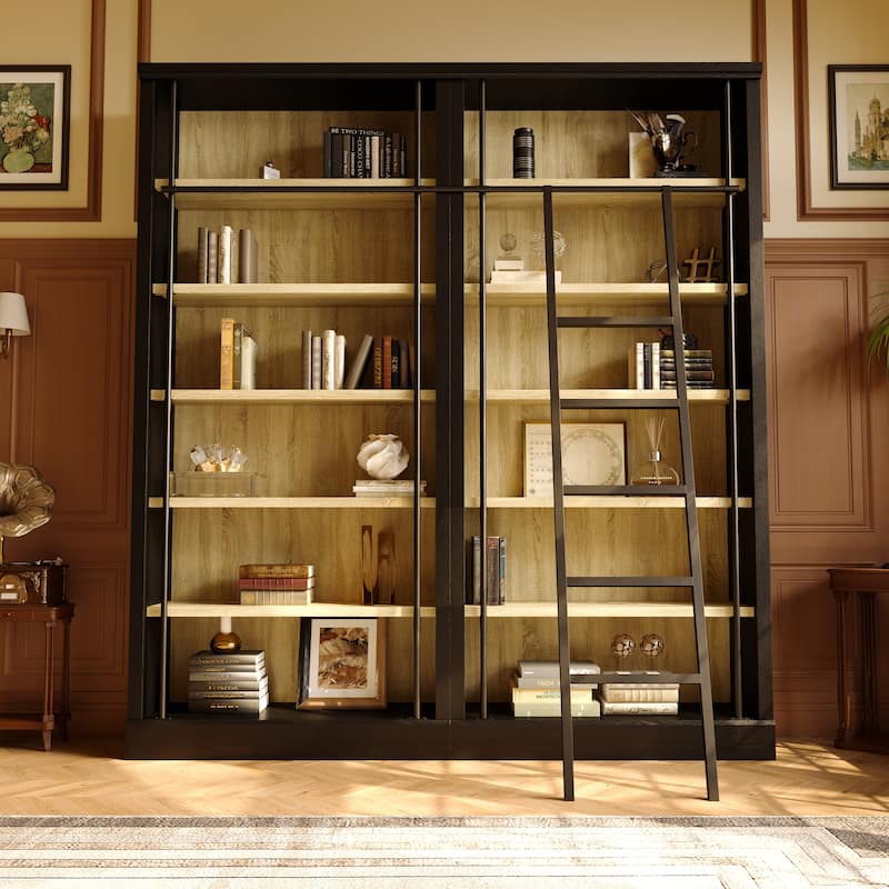 Large Ladder Bookshelf with Adjustable Rolling Ladder, Tall Library Bookcase Storage Display Unit
