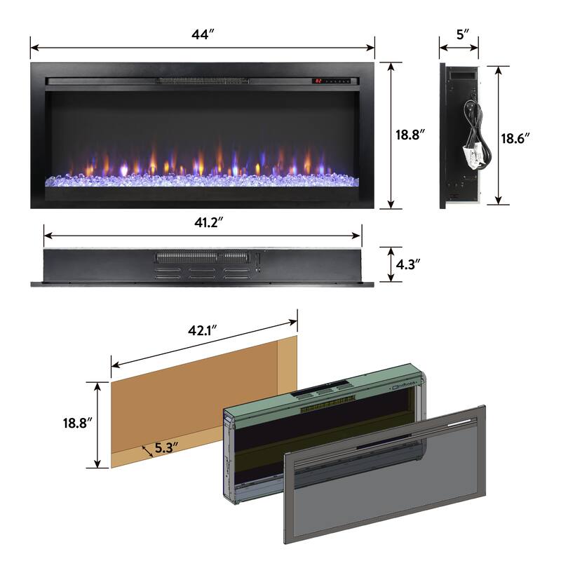 44-Inch Recessed Electric Fireplace with 8 Flame & Ember Bed Colors, Remote, and 5000 BTU Heater, CSA/UL Certified
