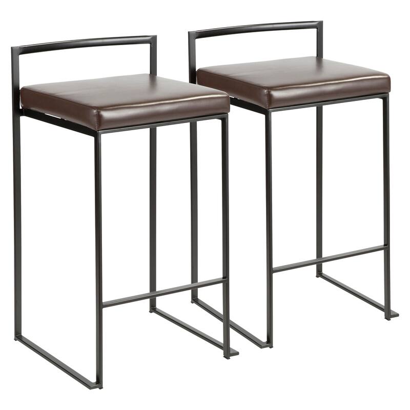 Porch & Den Forrest Contemporary Black Stackable Fully Welded Counter Stool (Set of 2) - Brown Faux Leather