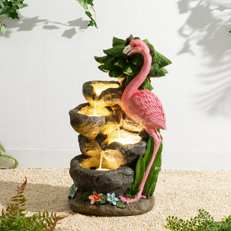 Glitzhome 23.5"H 4-Tiered Flamingo Polyresin Stone Outdoor Fountain with Lights