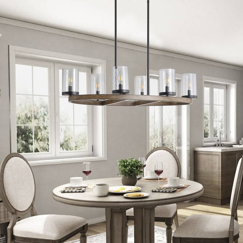 Farmhouse 6-Light Candle Style Round Chandelier with Seeded Glass Shade