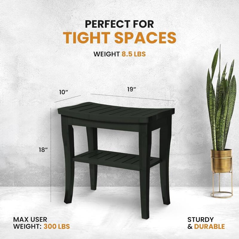Bamboo Shower Stool Bench with Storage Shelf (Black) - BLACK