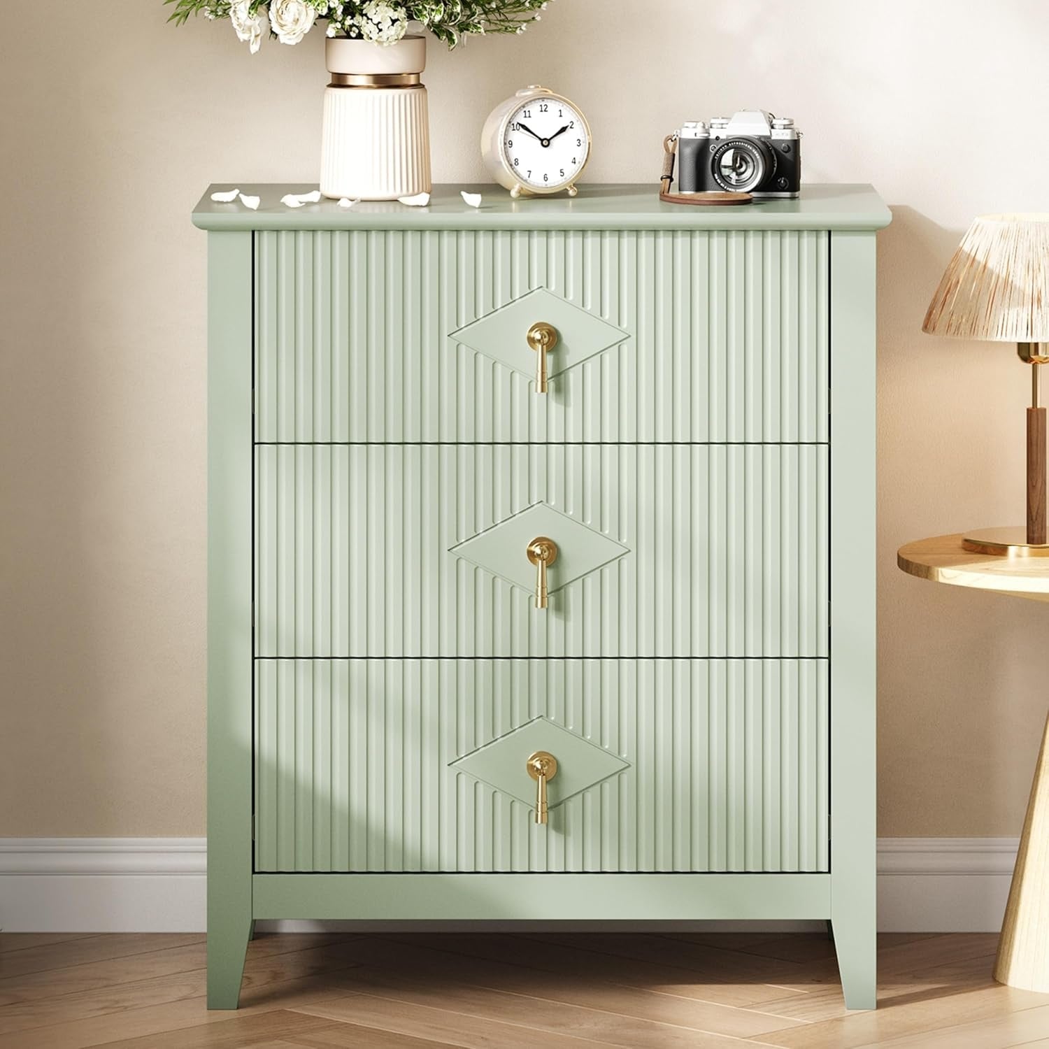 Wood Nightstand Fluted Dresser, Drawer Bedside Tables Modern Chest Storage End Table Living Room Hallway Entryway