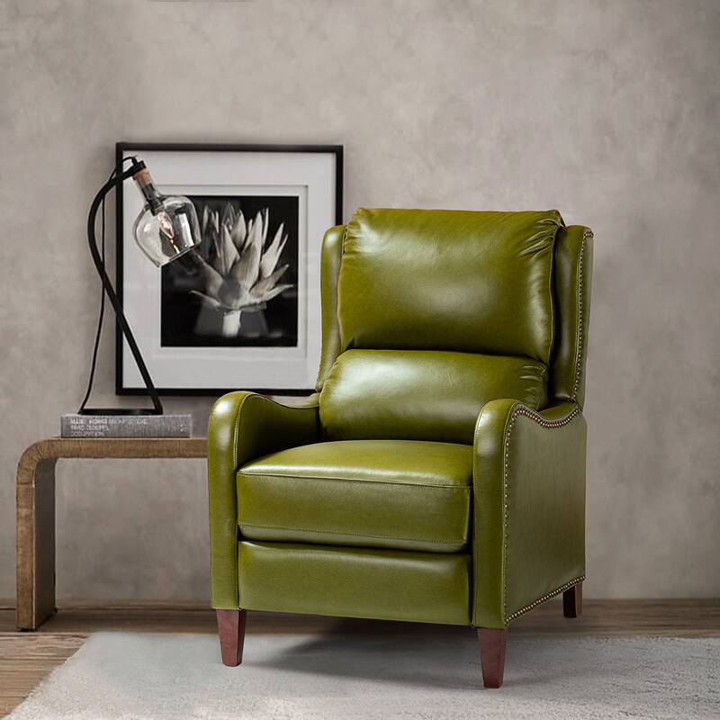 Brigida Cigar Genuine Leather Pushback Recliner with Nailhead Trim by HULALA HOME - OLIVE