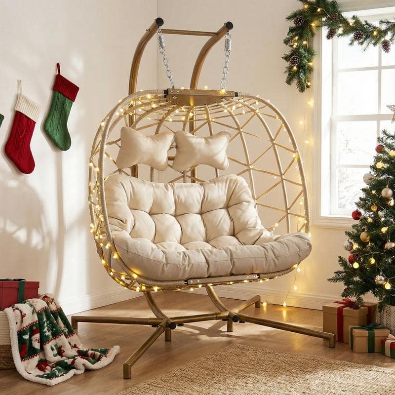 Oversized Outdoor Double Swing Egg Chair, 700 lbs Capacity 2-Person Hanging Egg Chair Swing with Cushion