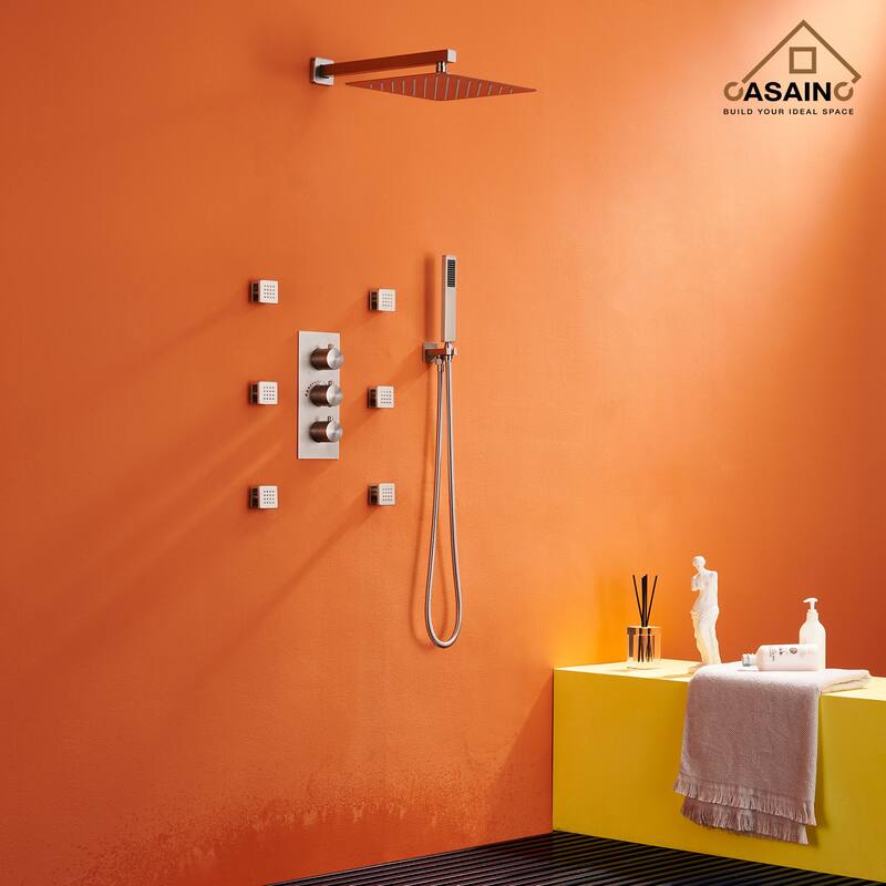 Thermostatic 12 in. Wall Mount Shower System with 6 Body Sprays