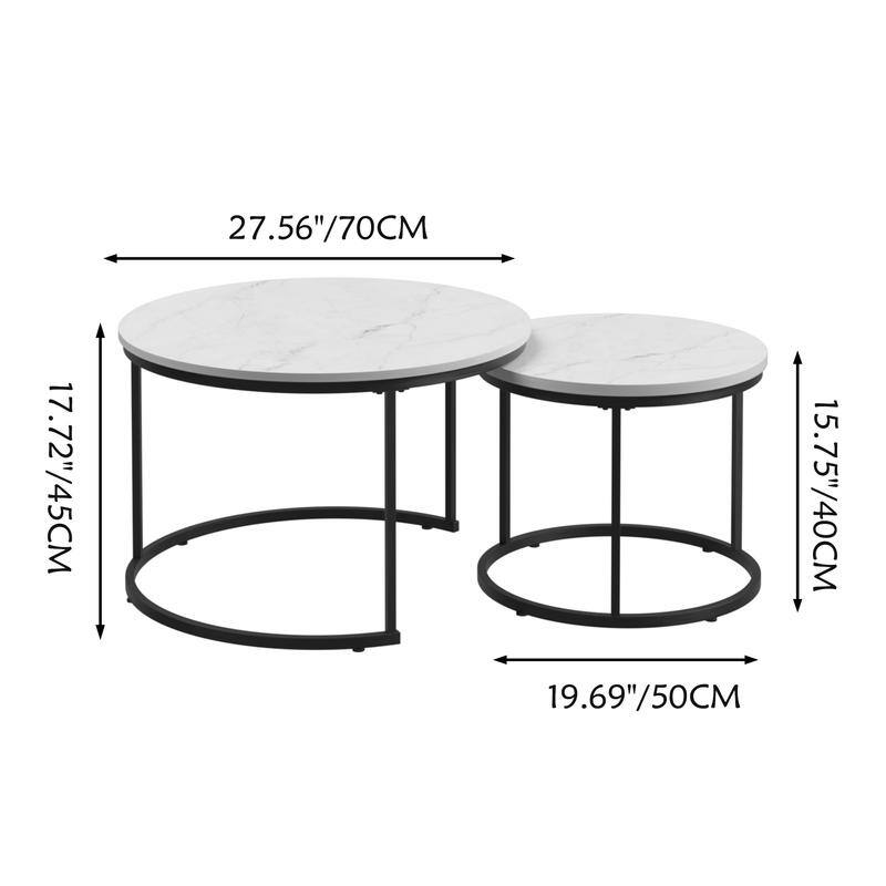Round Nesting Coffee Table Set of 2 with Marble Pattern Top & Metal Frame