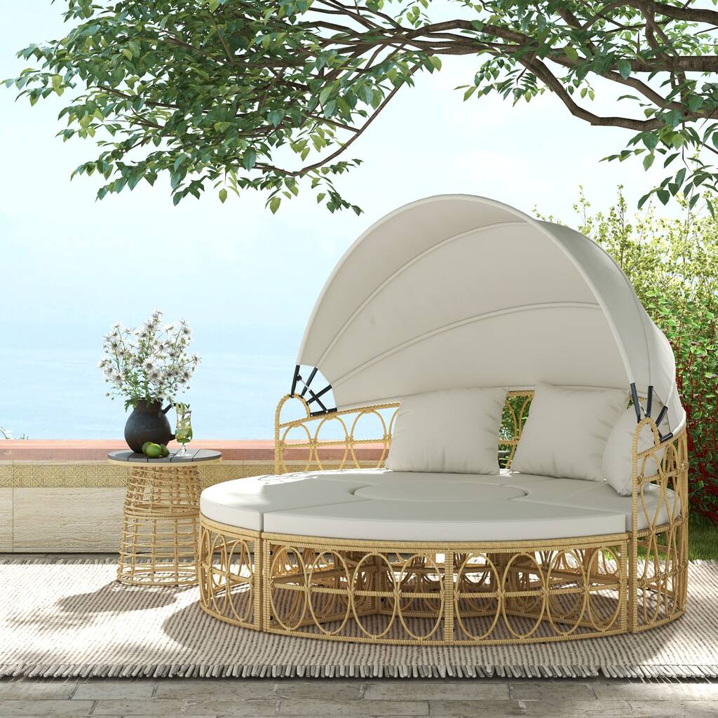 Outsunny Patio Furniture Set, Round Outdoor Daybed with Retractable Canopy, Hollow Wicker PE Rattan Sectional Sofa