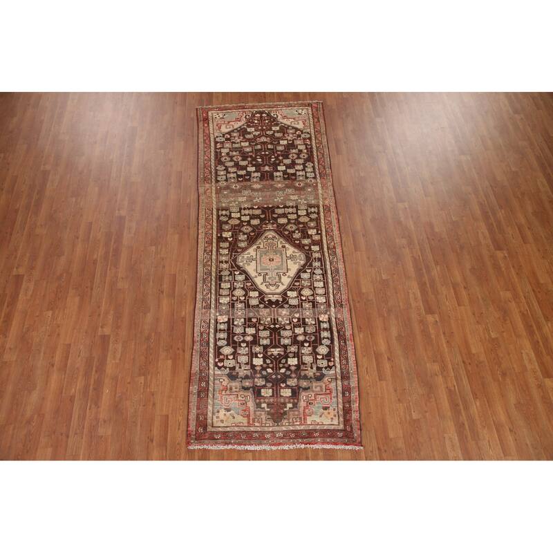 Hand Knotted Oriental 100% Wool Carpet Traditional Geometric Brown Malayer Runner Rug - 10' 0'' X 3' 9''