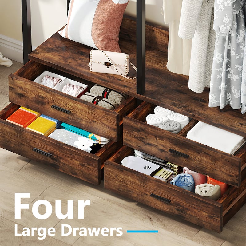 Freestanding Closet Organizer, Clothing Rack with 4 Drawers, 8 Hooks and Storage Shelves - Grey