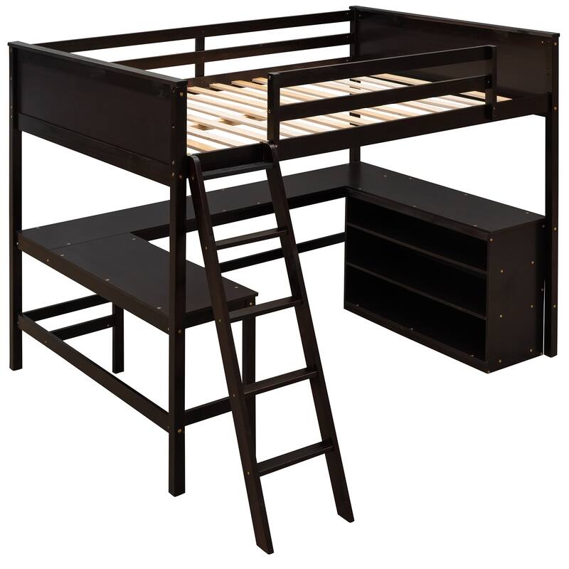 Full Pine Loft Bed with Desk, Shelves, and Guardrails
