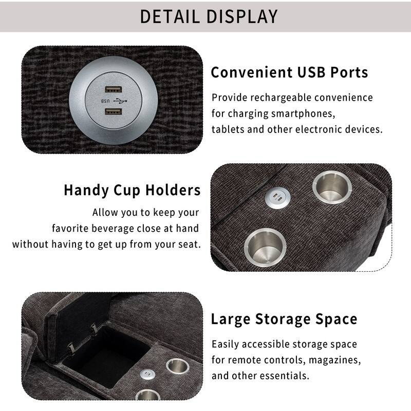 112.6 "Chenille Upholstered Sofa, Two Removable Ottomans, Two USB Ports