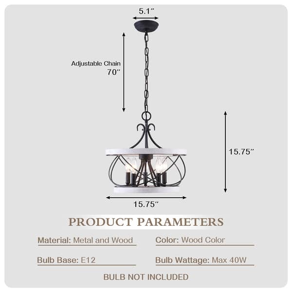 dimension image slide 1 of 4, Cusp Barn 5-Light Farmhouse Wood Chandelier Adjustable Handmade Rustic Drum Ceiling Light Fixture Hanging Lamp for Foyer Kitchen